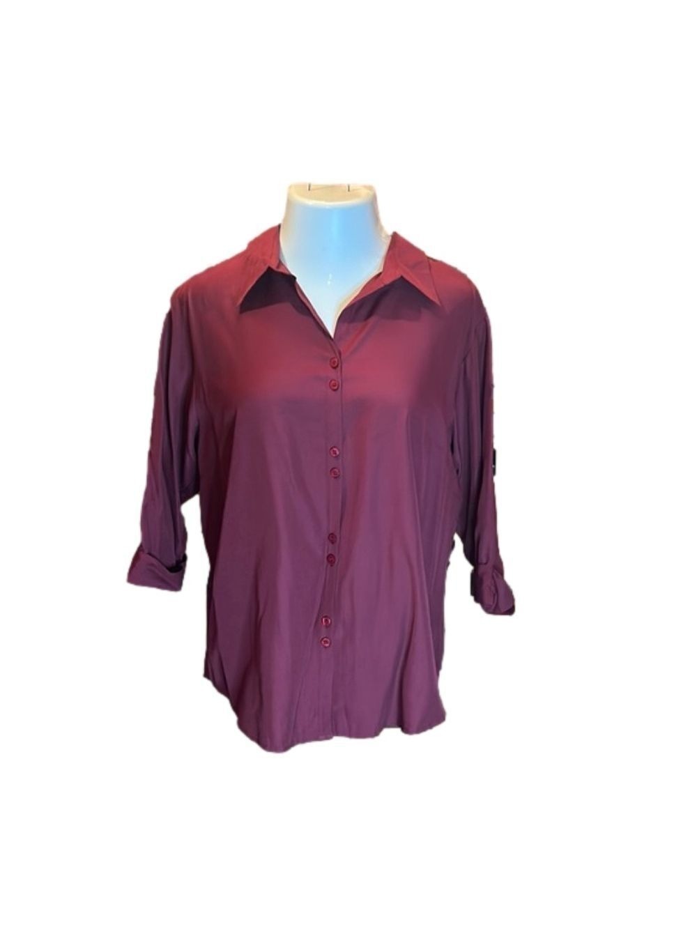 DRESSBARN Burgundy Wine Button Down 3/4 Sleeve Blouse Size XL